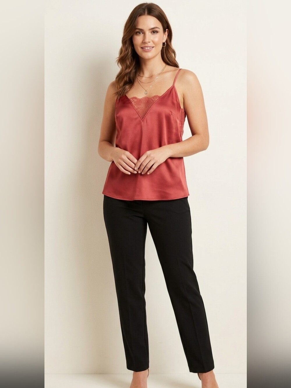 3 / $25 DYNAMITE Satin-Effect Lace Trim Cami Tank in Burnt Orange. Size Medium.